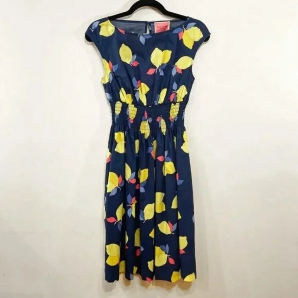 New Kate Spade Blaire Lemon Zest 100% Cotton Dress Navy 2, XS $229